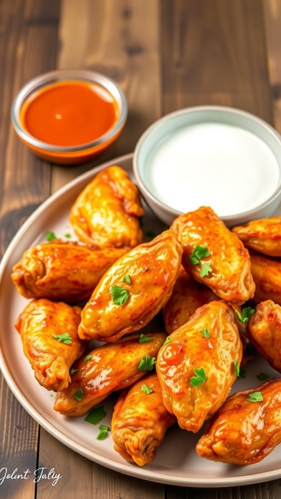 Crispy Oven-Baked Chicken Wings Recipe Crispy oven-baked chicken wings on a platter with dipping sauces.